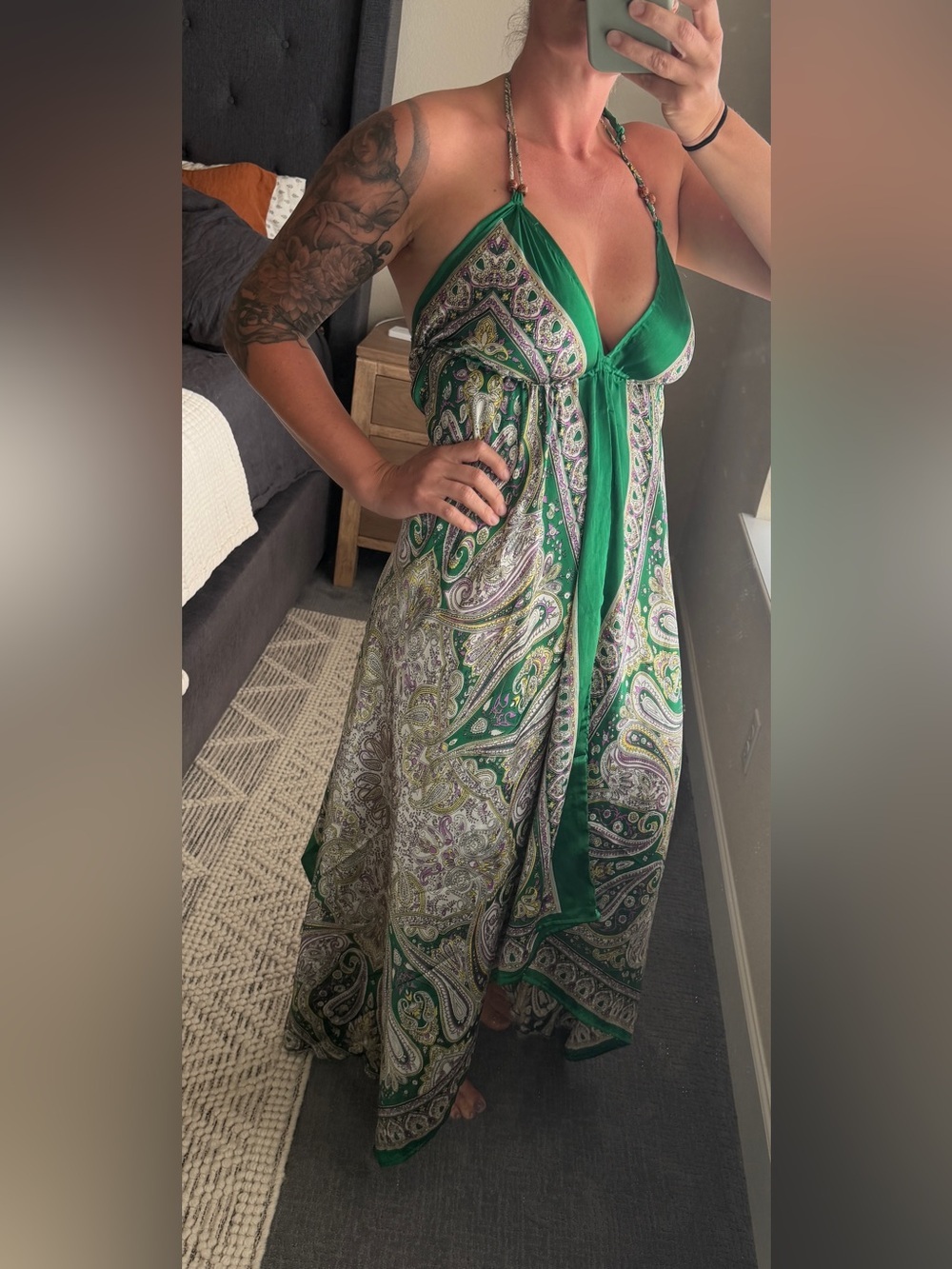 Urban Nomad Green Paisley Boho Halter Handkerchief Maxi Dress